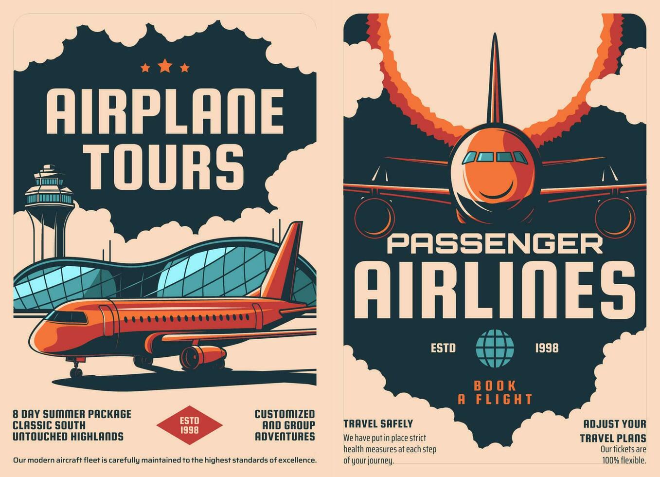 Aviation airplane retro posters, air plane tours vector