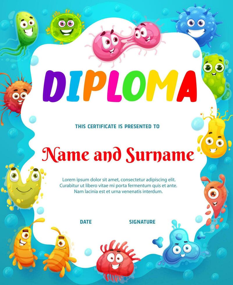 Kids diploma cartoon funny viruses, microbes. vector