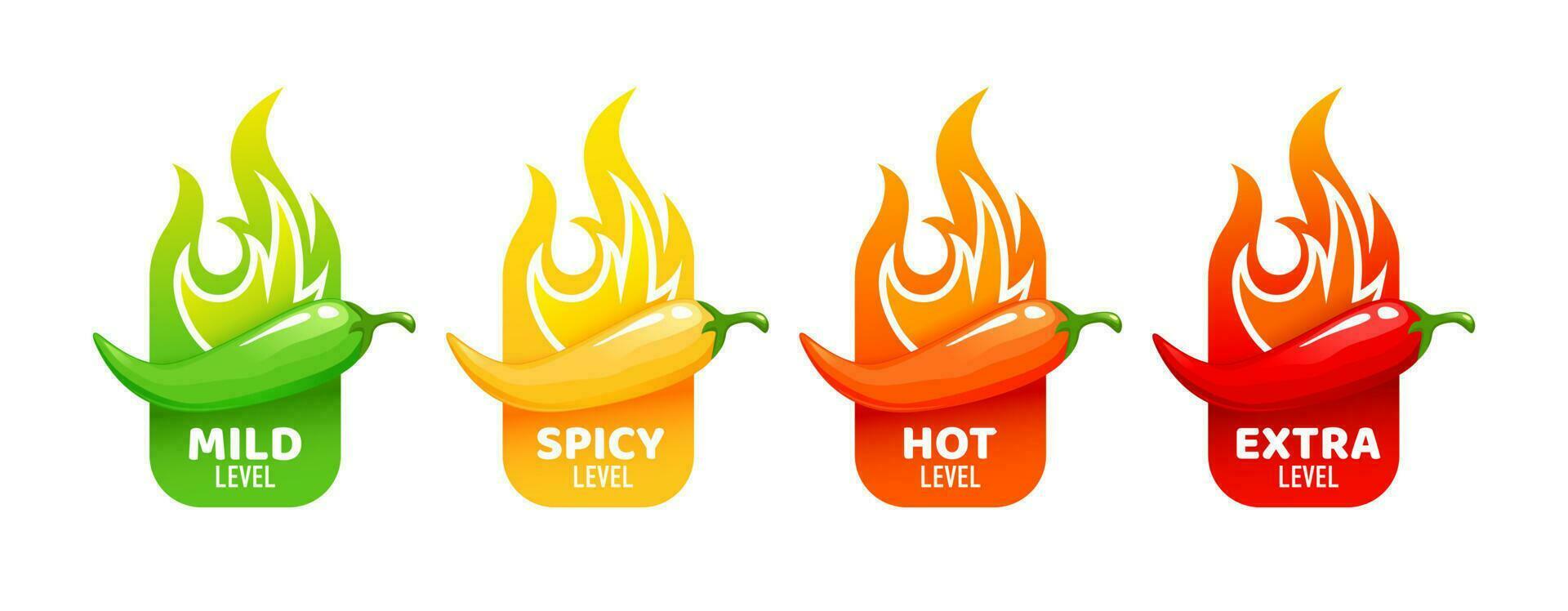 Hot spicy level labels, chili peppers, fire flames vector
