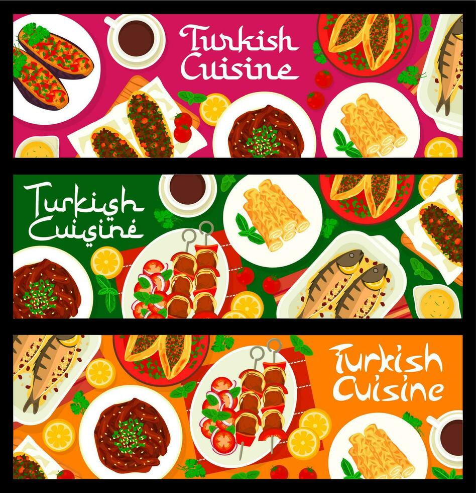 turco cocina comida pancartas, carne, verduras, pescado vector