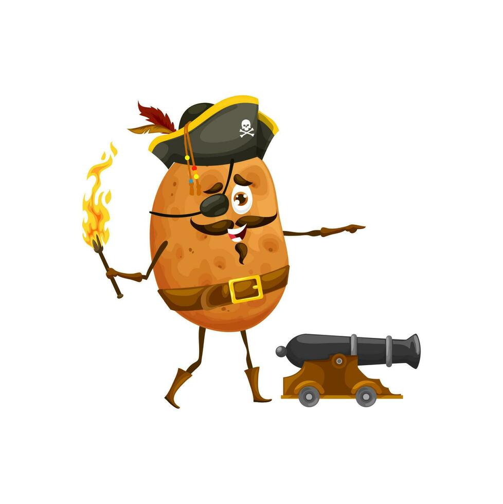 dibujos animados patata pirata personaje disparar con cañón vector