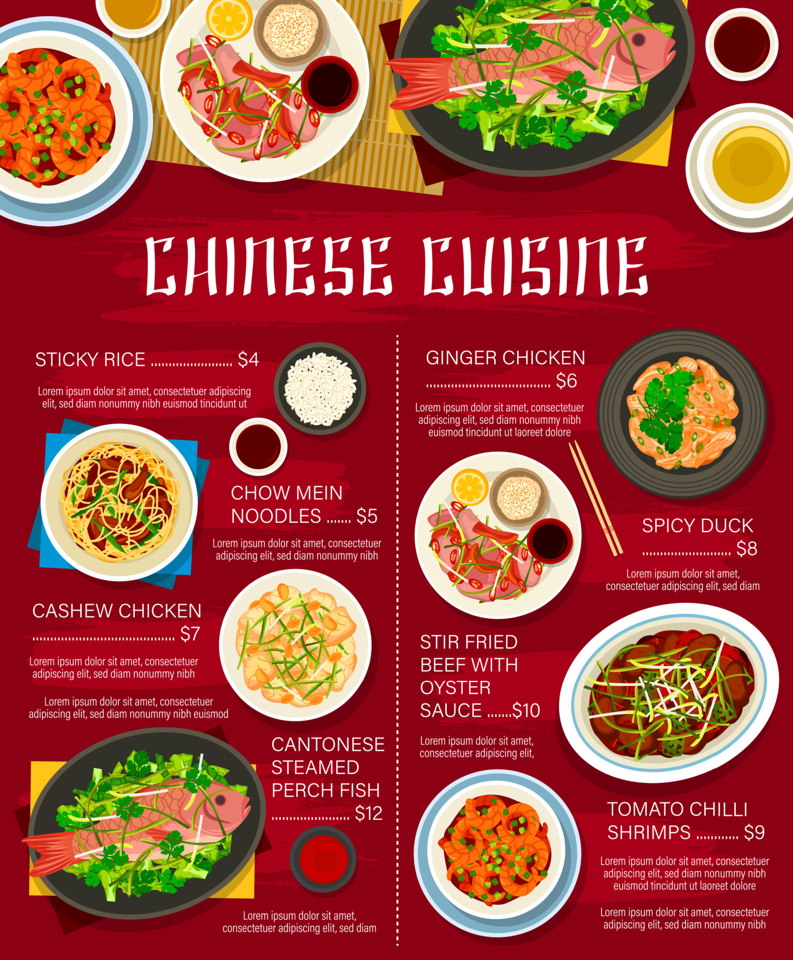 Chinese cuisine restaurant menu, Asian food 23503331 Vector Art at Vecteezy