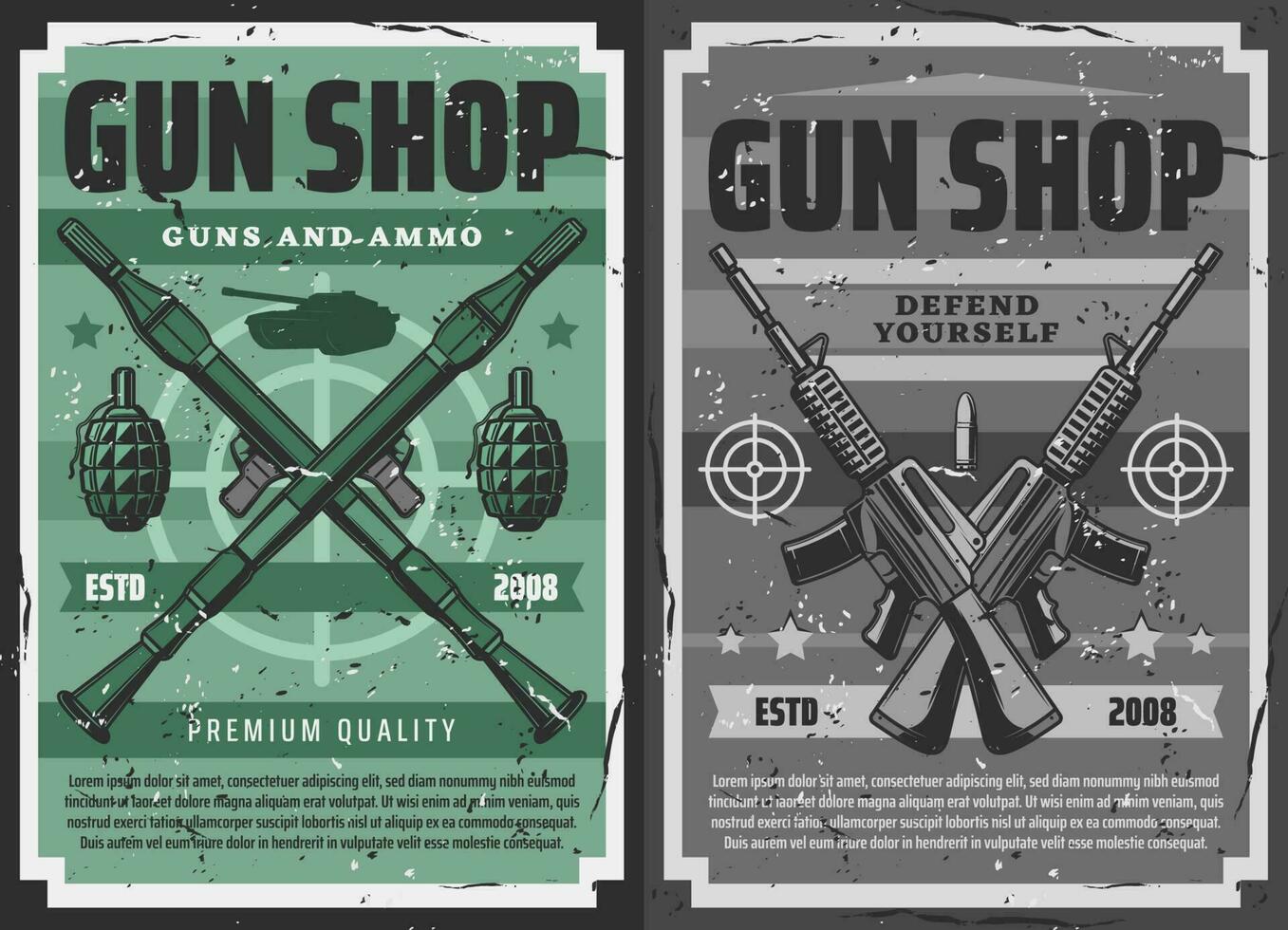 Retro posters, military weapon ammo and gun shop vector