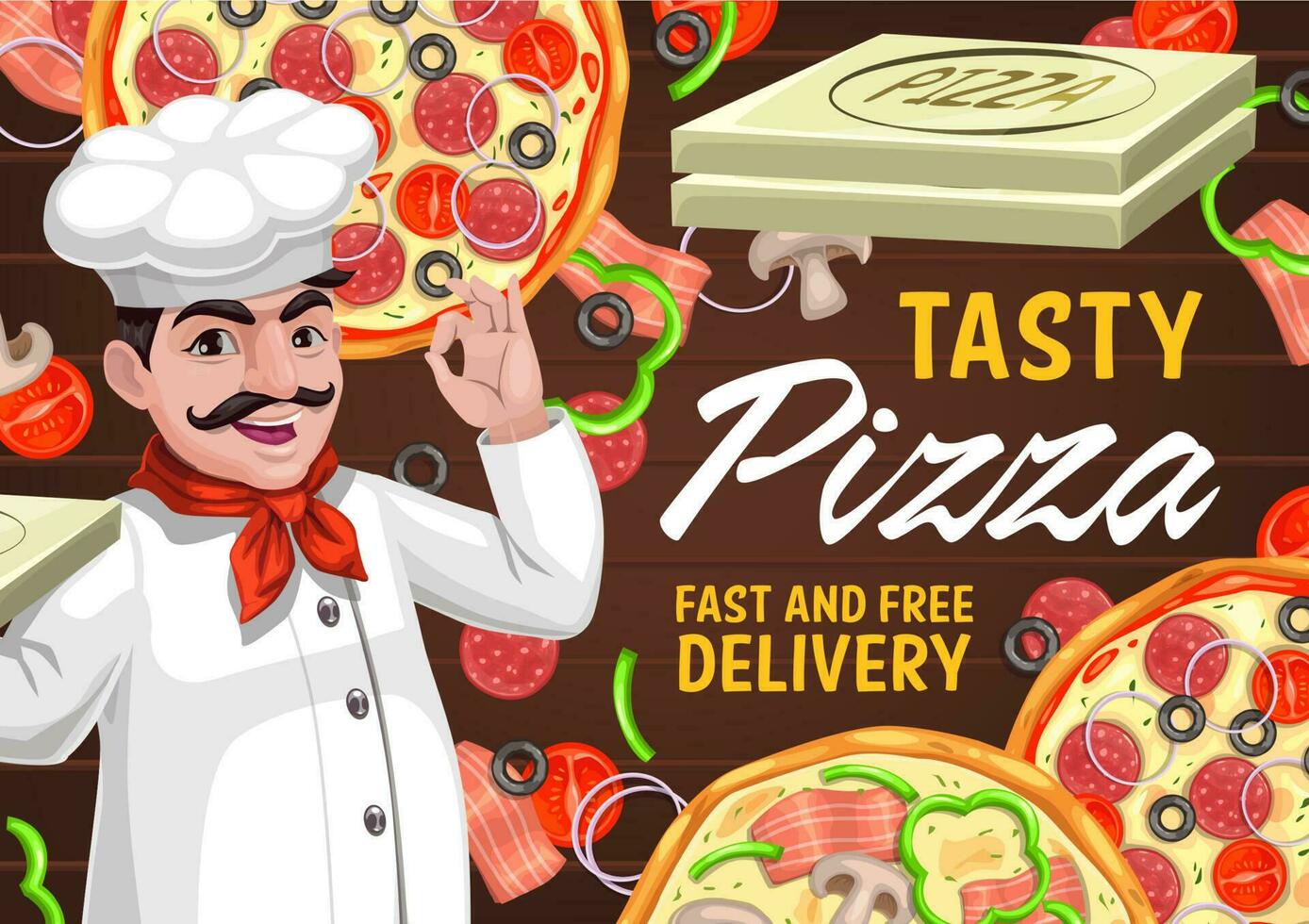 Pizza and chef, Italian restaurant delivery poster vector