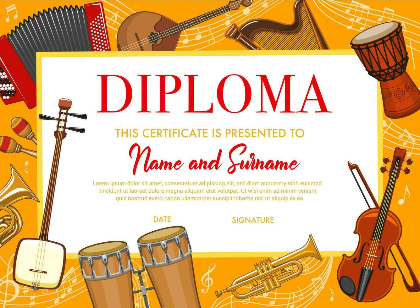 Education kids diploma with musical instruments vector