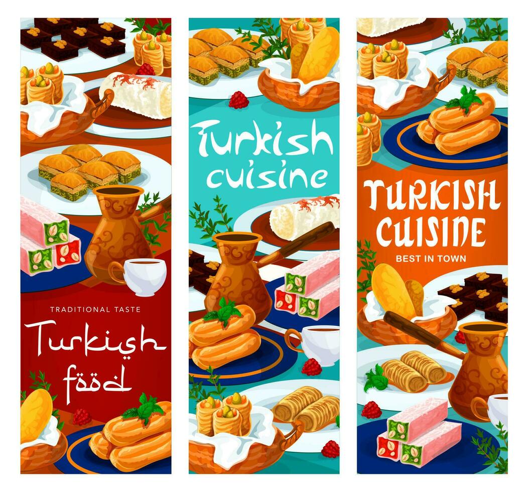 turco comida cocina menú, postres, Pastelería dulces vector