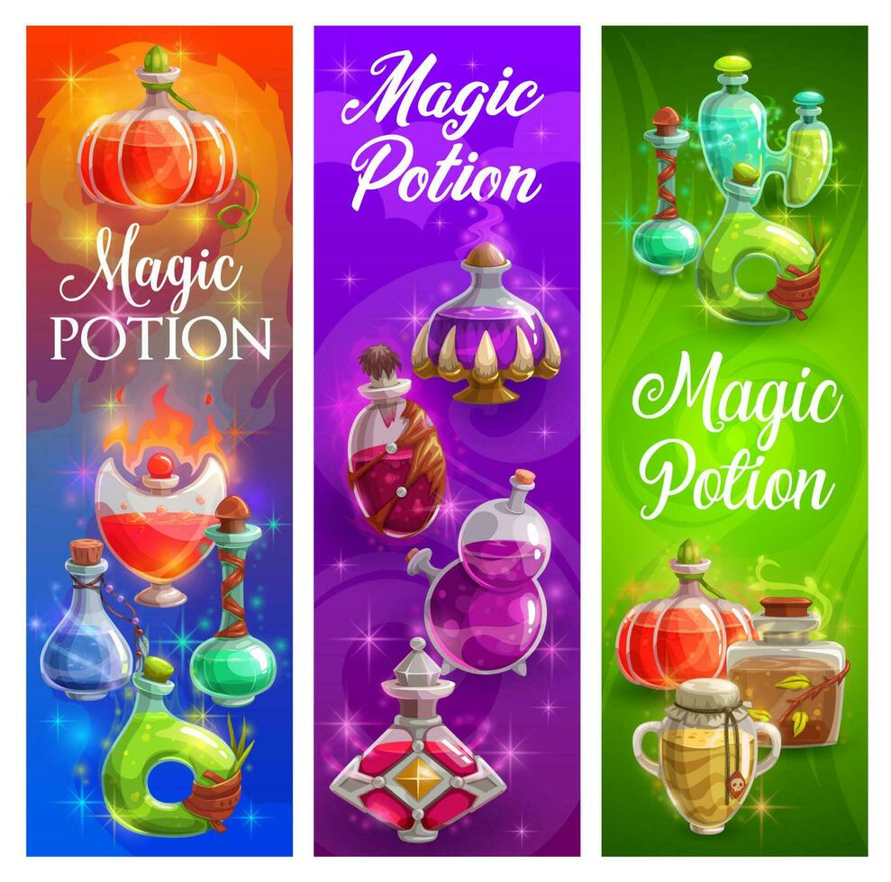 Halloween posters with witch magic potions bottles vector