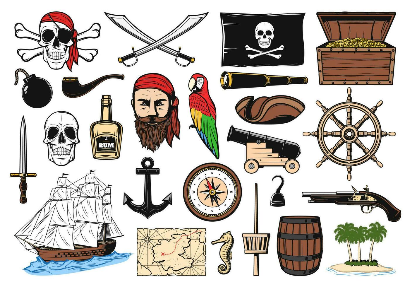 pirata colocar, capitán, barco, mapa y gancho íconos vector