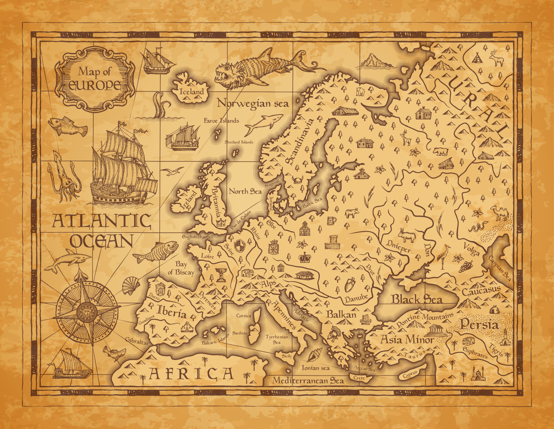 Vintage map of Europe, vector ancient parchment 23503424 Vector Art at