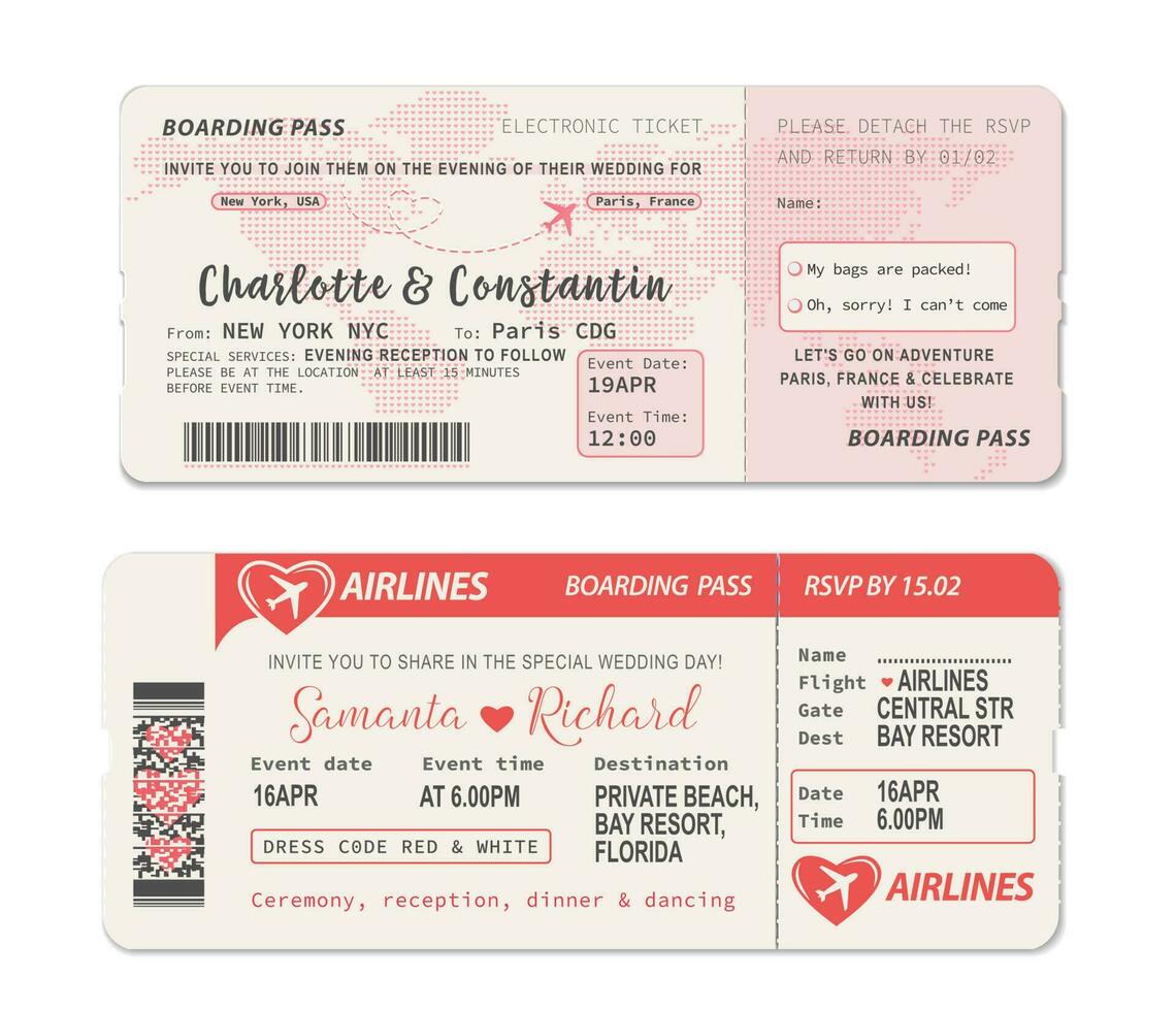 Airline wedding invitation boarding pass vector