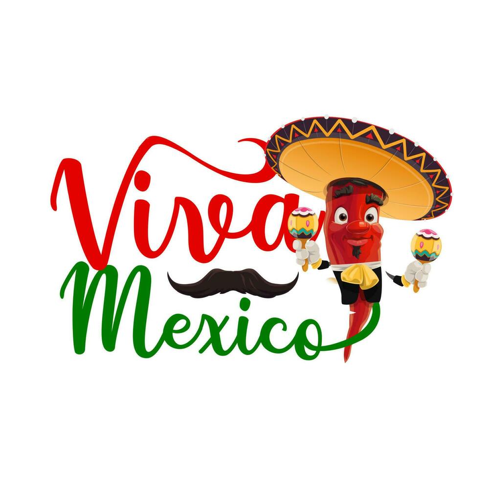 Viva Mexico, cartoon mariachi pepper in sombrero vector