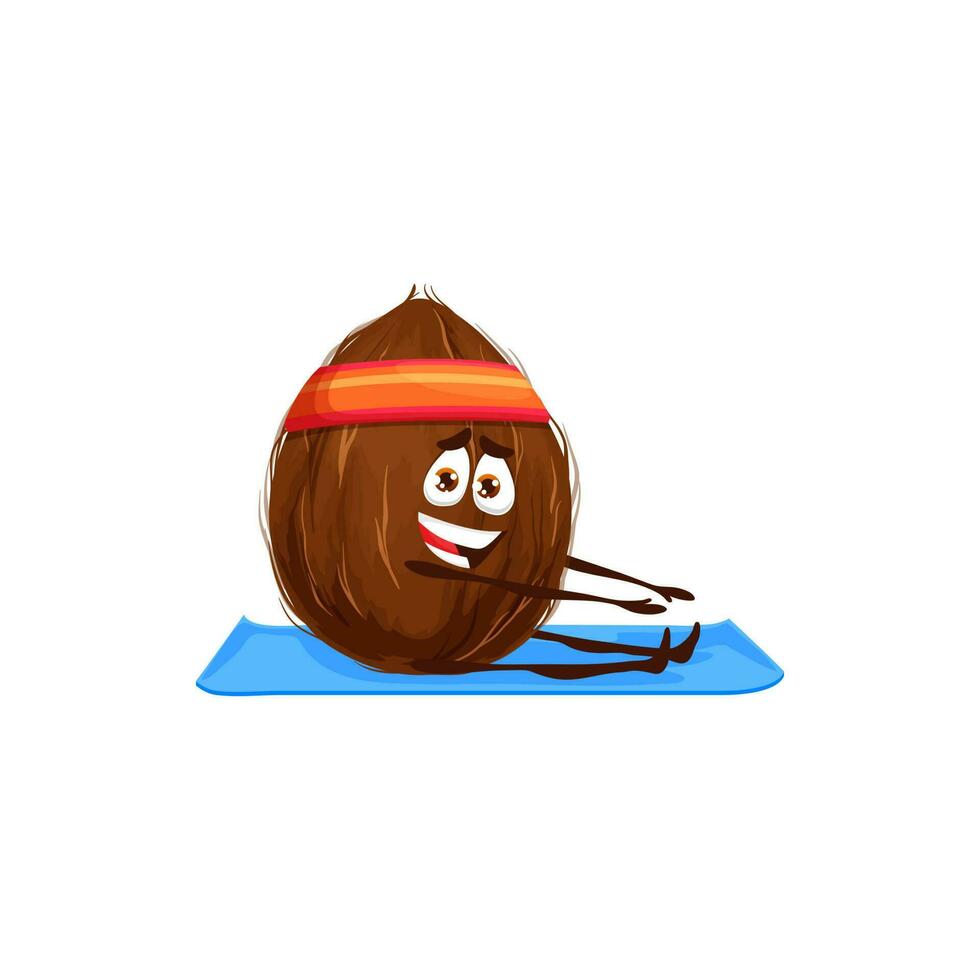 Cartoon happy coconut character on yoga or fitness vector