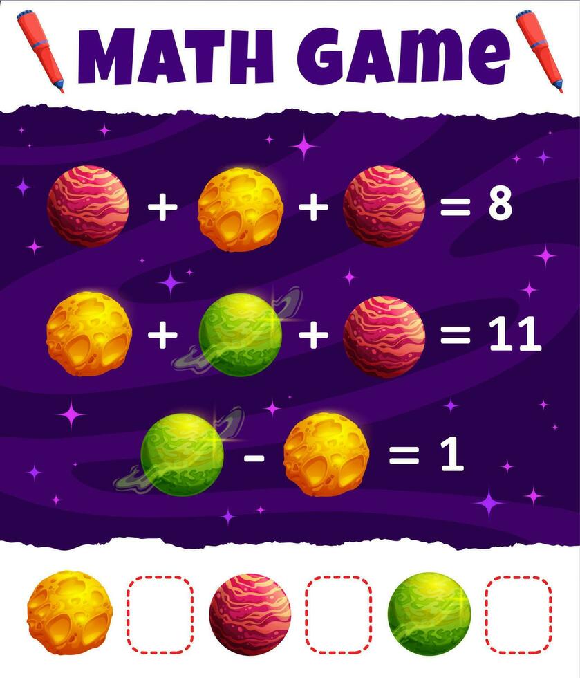 Math game worksheet, cartoon space planets, stars vector