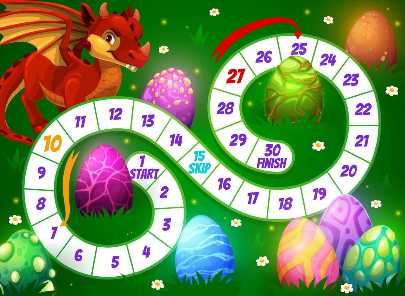 Kids board dice game with cartoon dragon and eggs vector