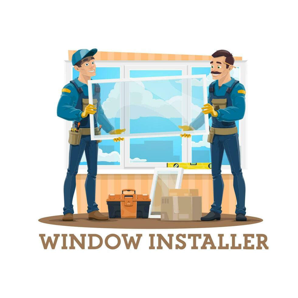 Window installation. Construction workers, tools vector