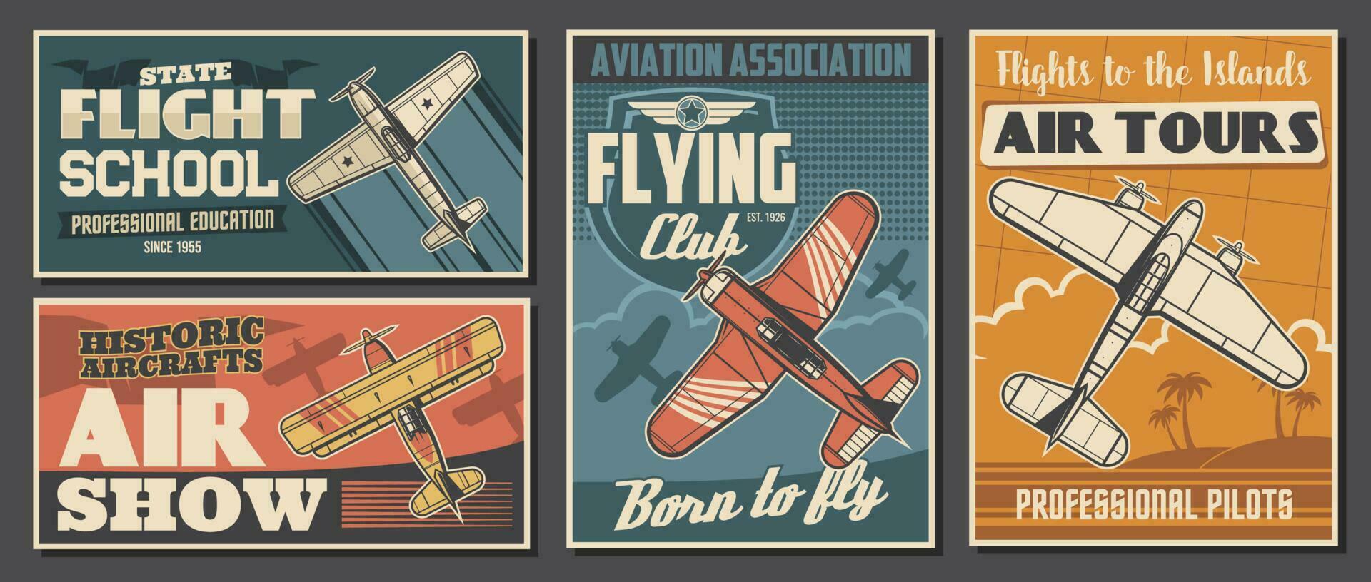 Flight school tours and club posters, aviation vector