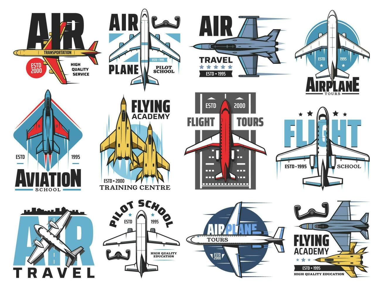 Airplane pilot school, aviation vector icons
