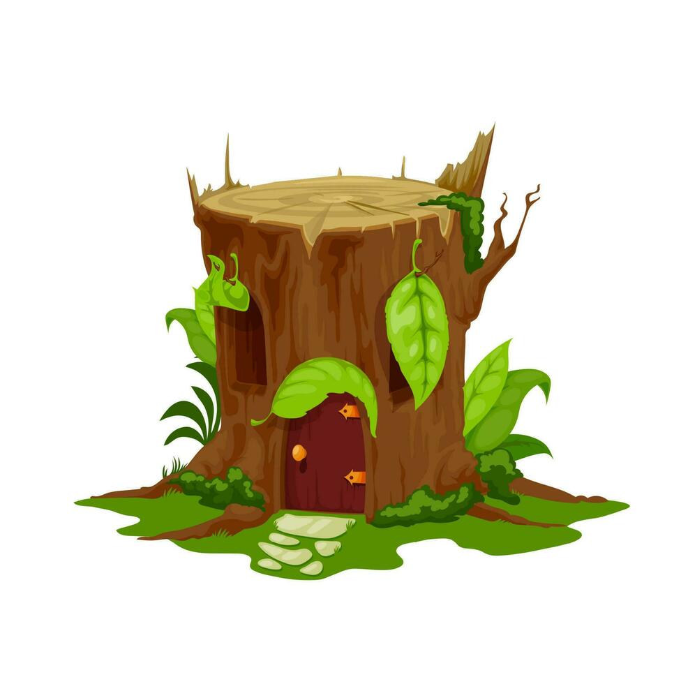 Cartoon fairytale stump house, vector stub home