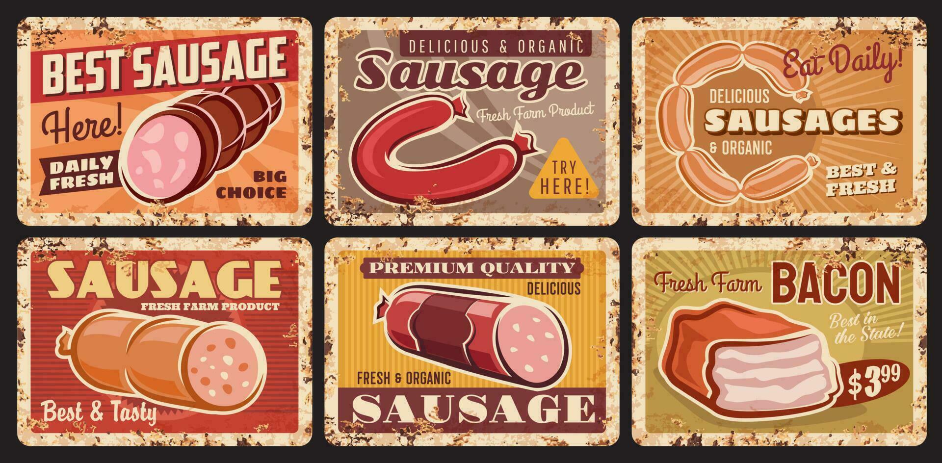 Organic farm sausages and bacon rusty metal plate vector