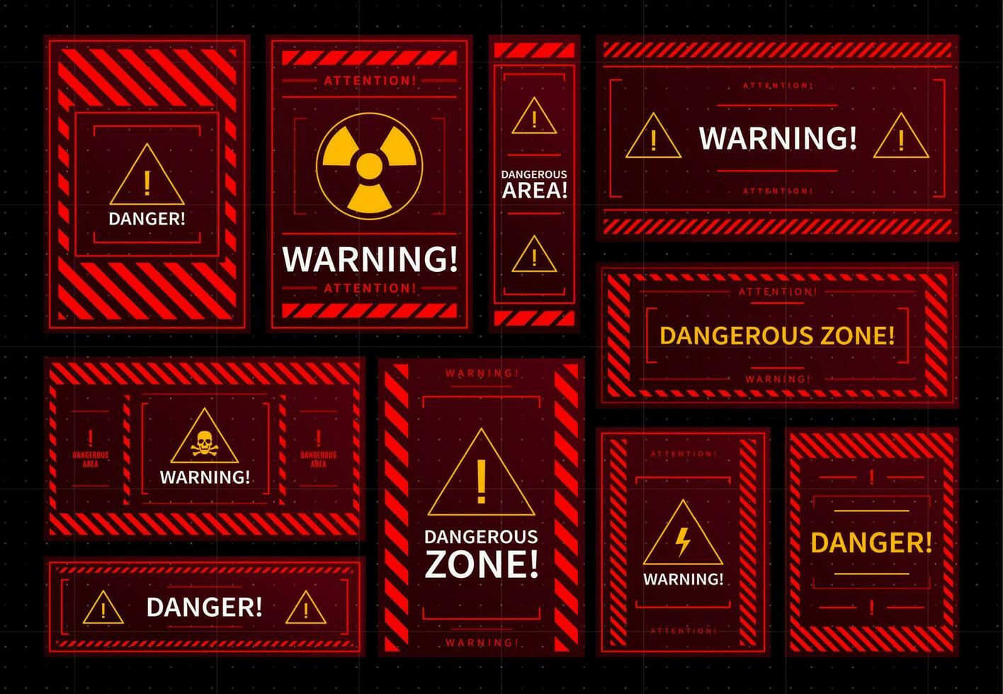 Danger zone warning frames, HUD interface alarms vector