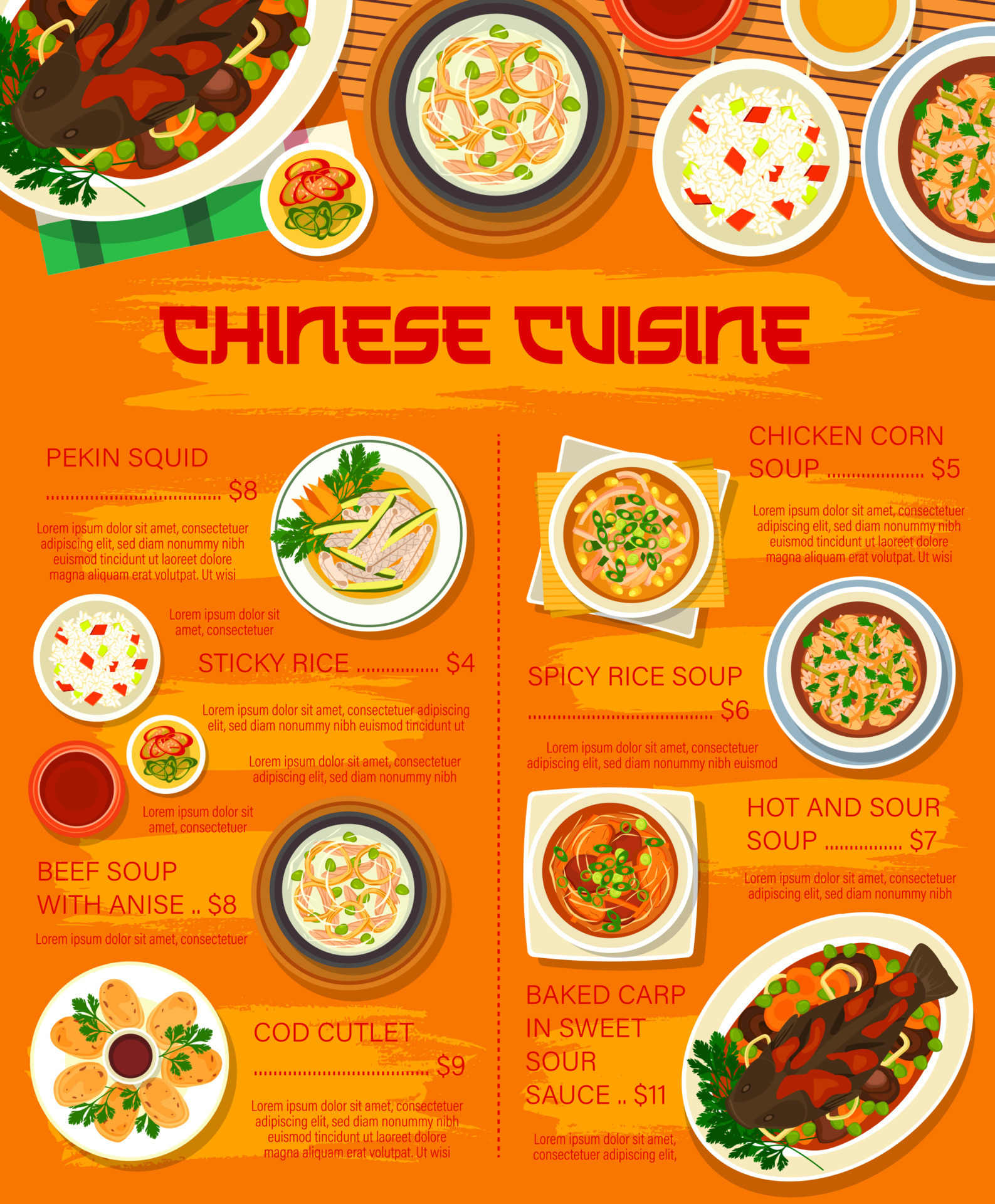 Chinese cuisine food menu Asian traditional dishes 23503555 Vector Art