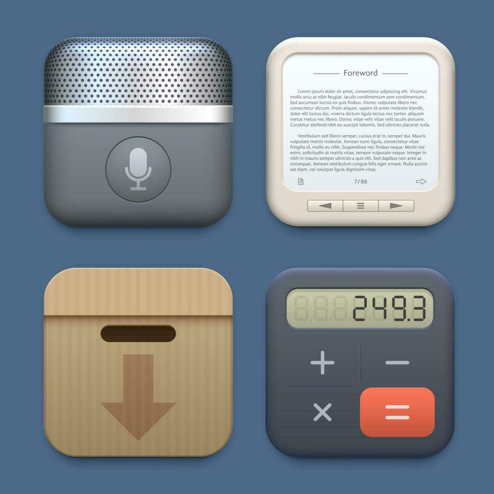 Microphone, archive, book reader and calculator vector