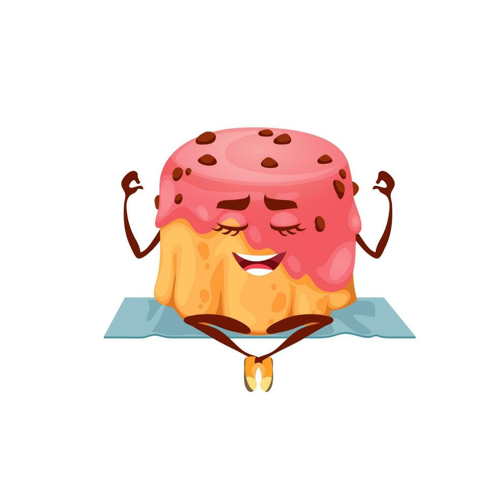 Cartoon cupcake character in yoga pose, sweets vector