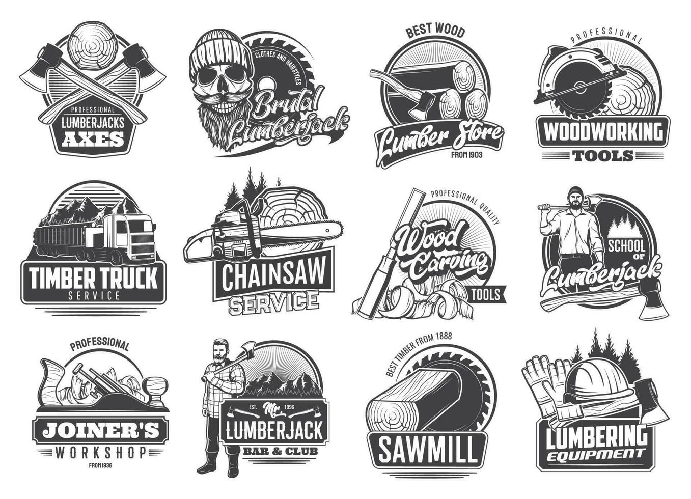 Lumberjack and lumbering industry retro icons vector