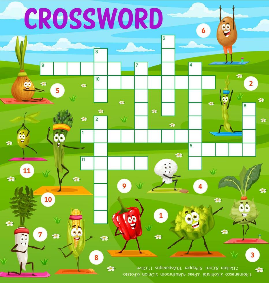 Cartoon vegetables on yoga, crossword puzzle game vector