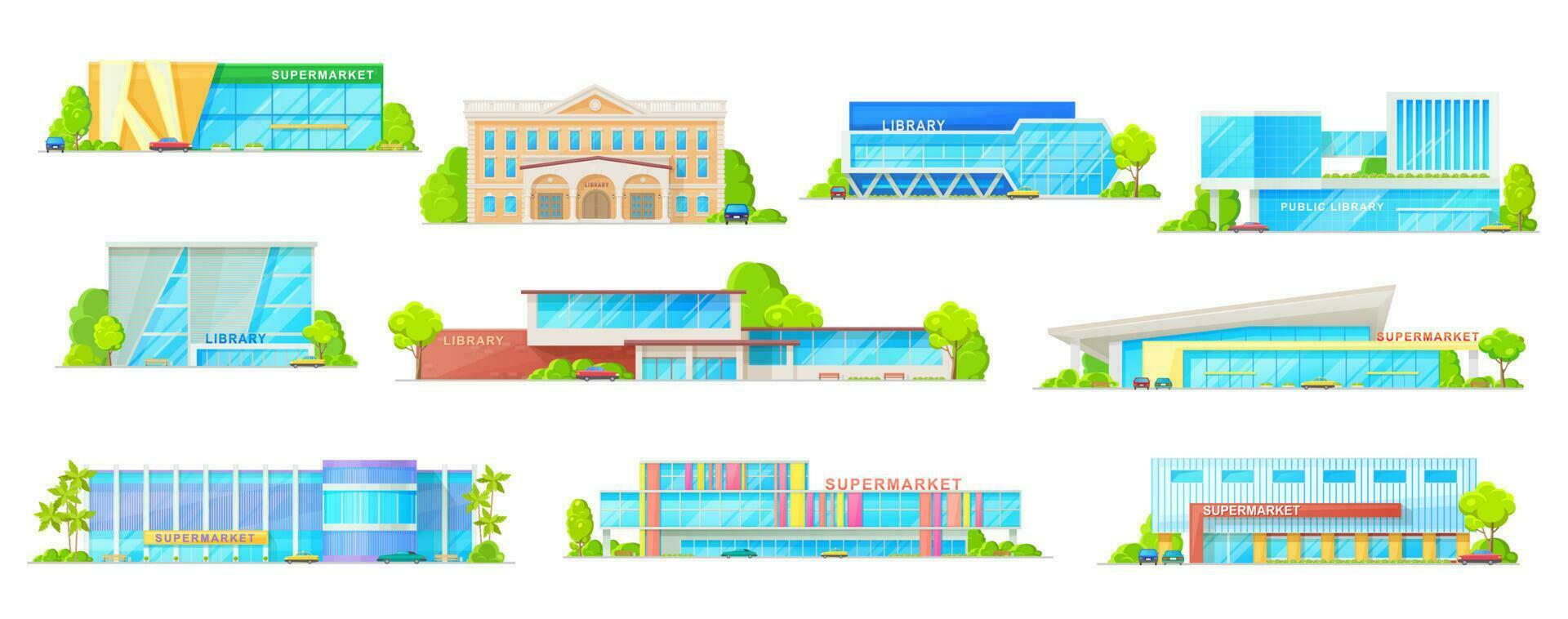 supermercado y biblioteca edificio aislado íconos vector