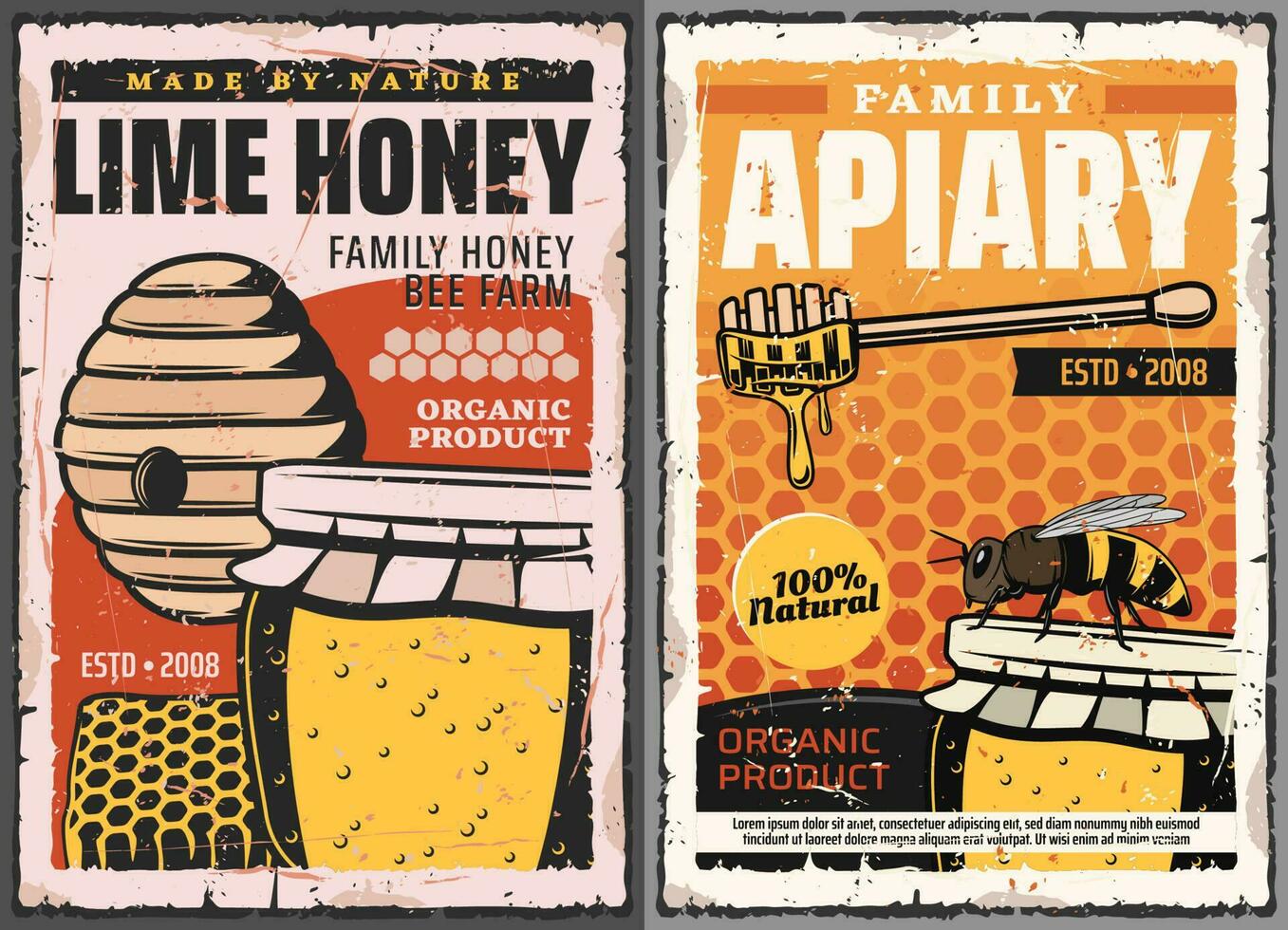 Honey and honeycombs with bee, beekeeping farm vector