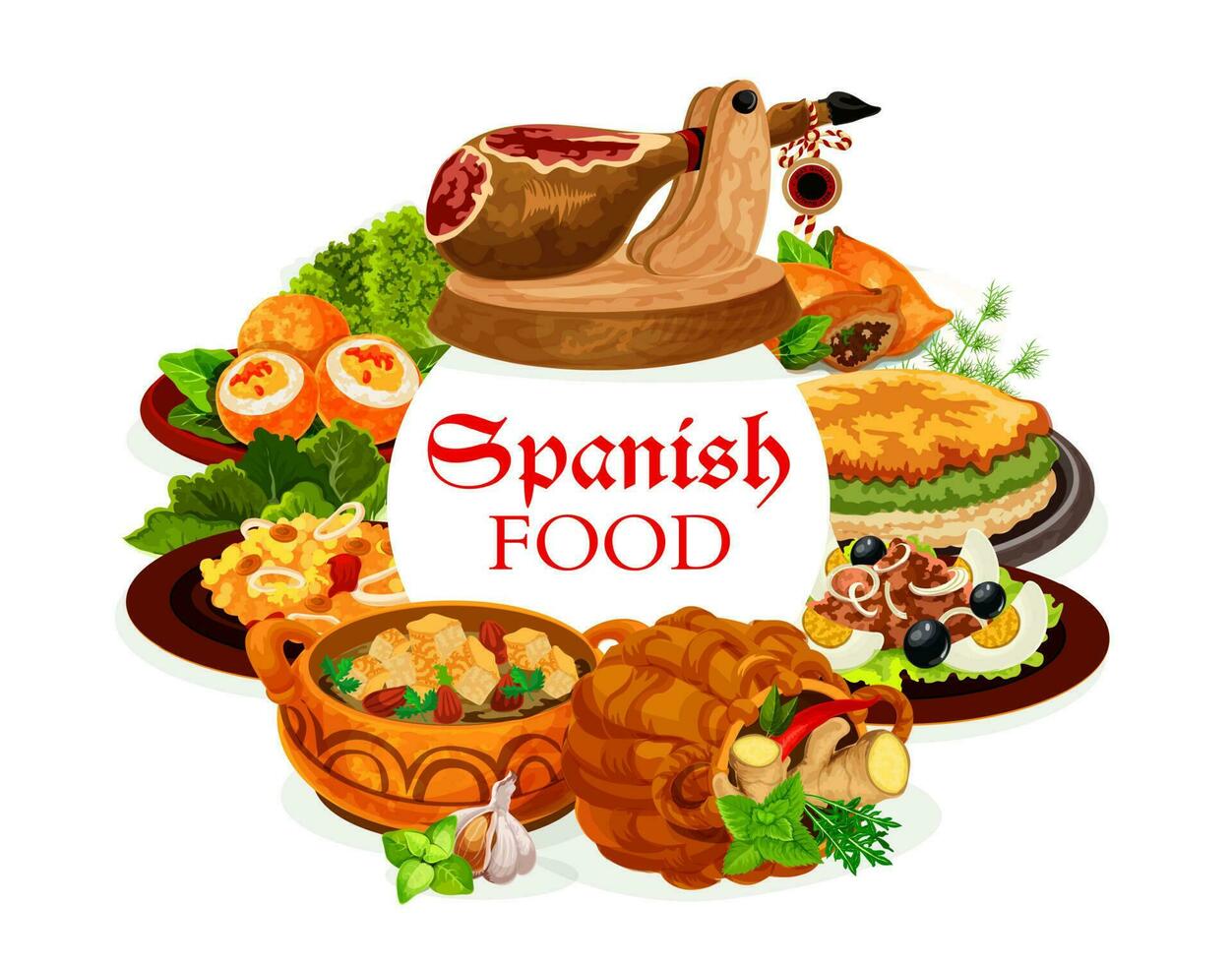 Spanish food dishes of seafood, fish and meat vector