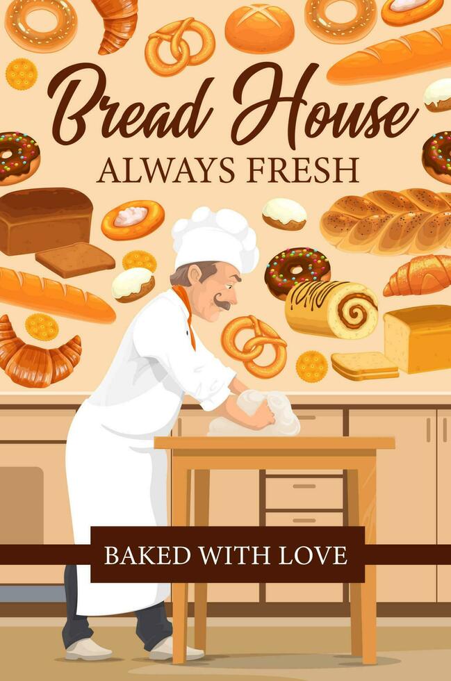 Baker with wheat bread and pastries. Bakery shop vector