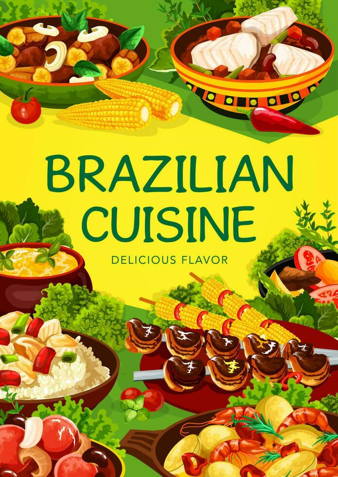 Brazilian cuisine, Brazil food menu dishes vector