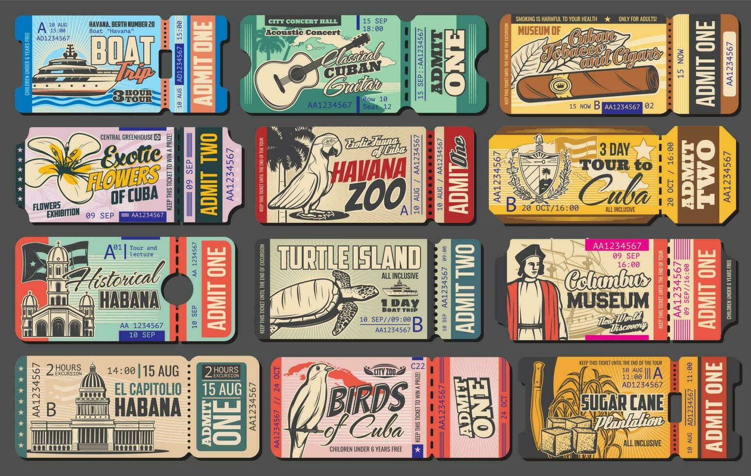 Tickets of museum, zoo, music concert. Cuba travel vector