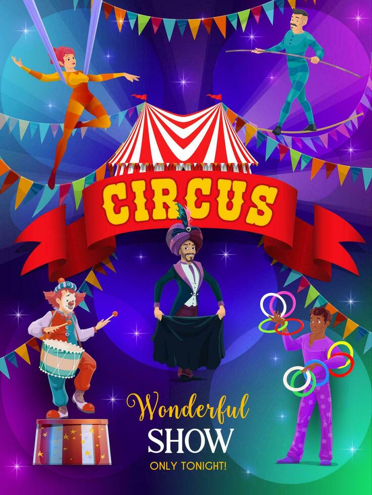 Top tent circus show flyer, performers on arena vector