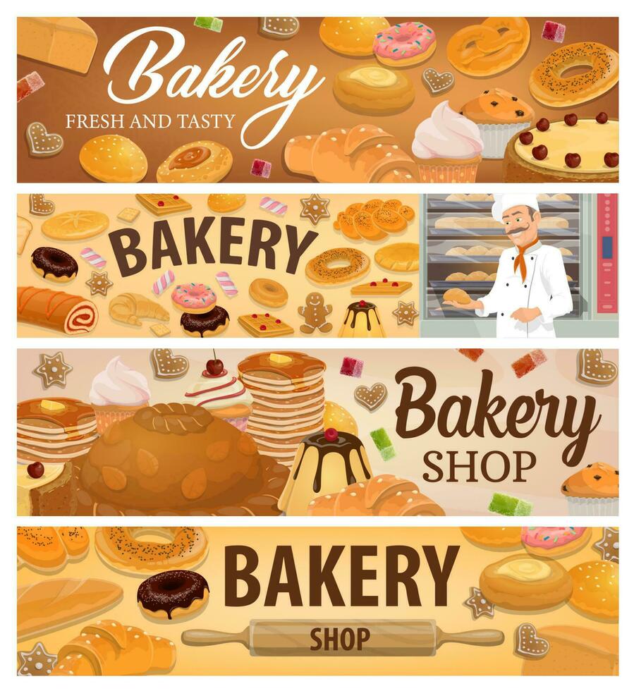 Bread, bakery products and desserts vector banners