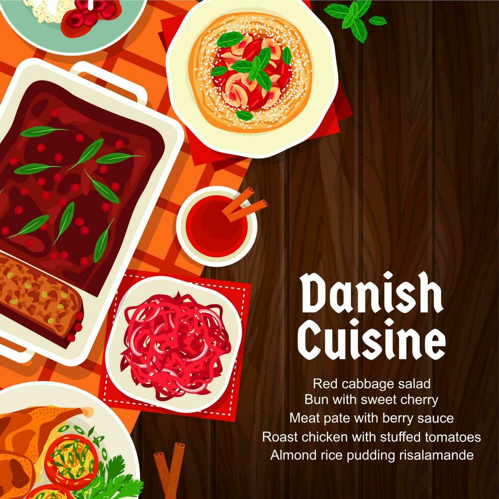 Danish food menu cover, restaurant dishes, meals vector