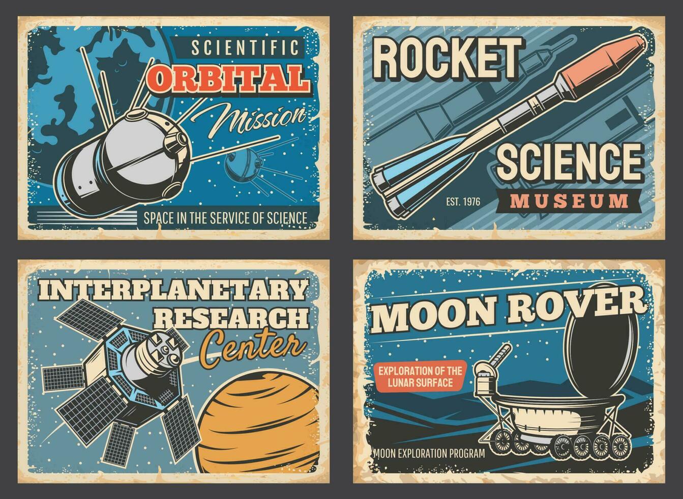 Space rocket, astronaut rocket, moon rover posters vector