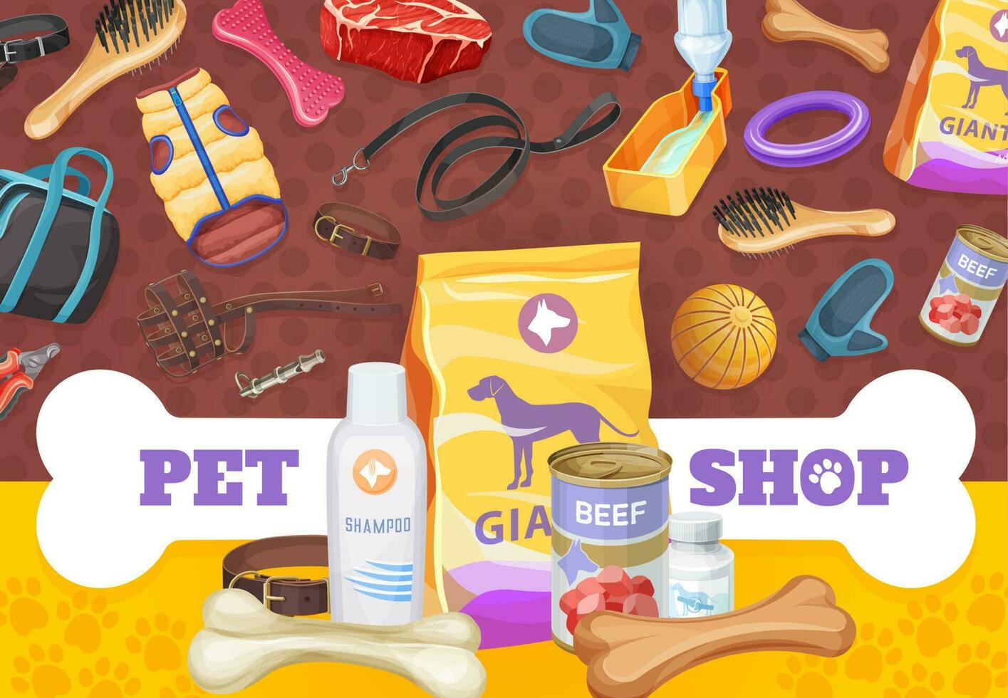 Dog pet care, toys and food poster, vector