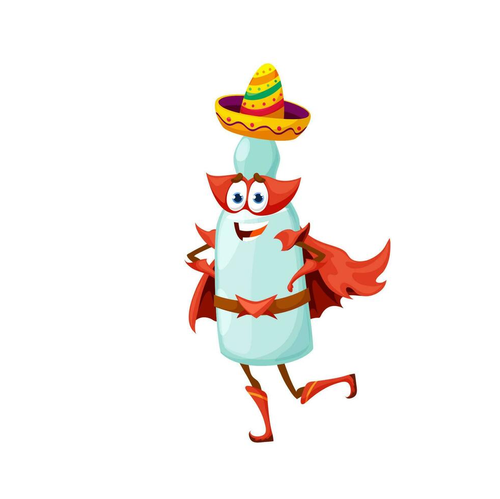 dibujos animados mexicano tequila superhéroe personaje, matraz vector