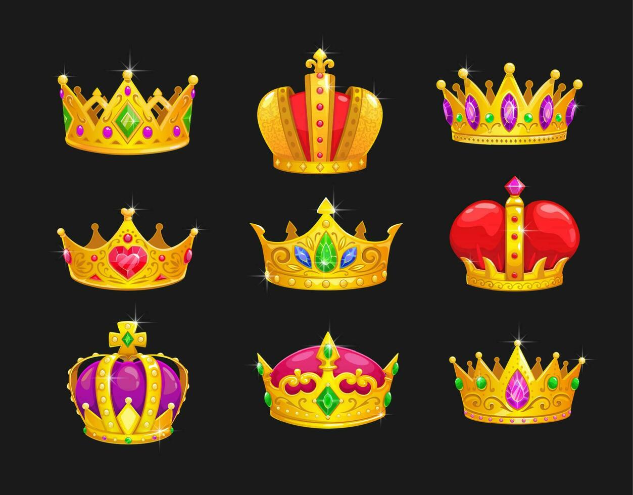 Cartoon royal king golden crowns, game asset vector