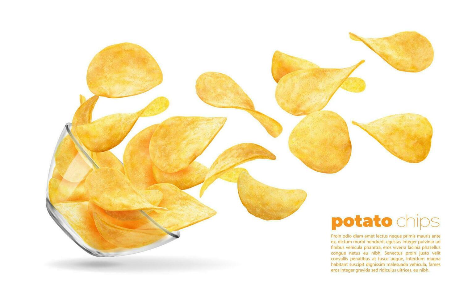 Falling wavy potato chips, glass bowl with chips vector