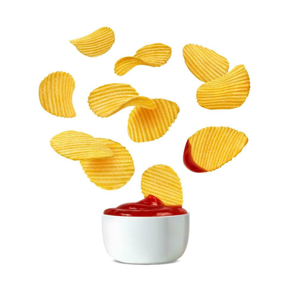 Falling crispy ripple potato chips, ketchup sauce vector