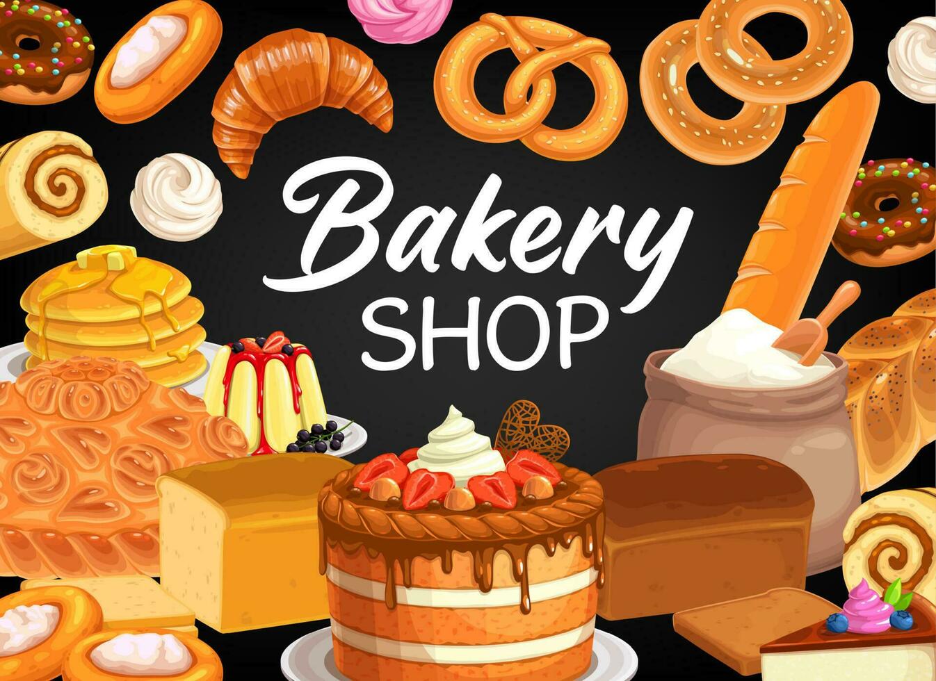 panadería tienda póster. pan, Pastelería y dulces vector