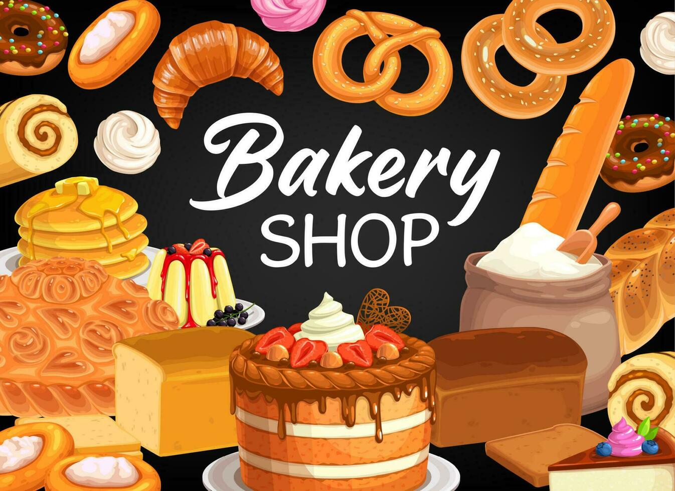 Bakery shop poster. Bread, pastry and sweets vector