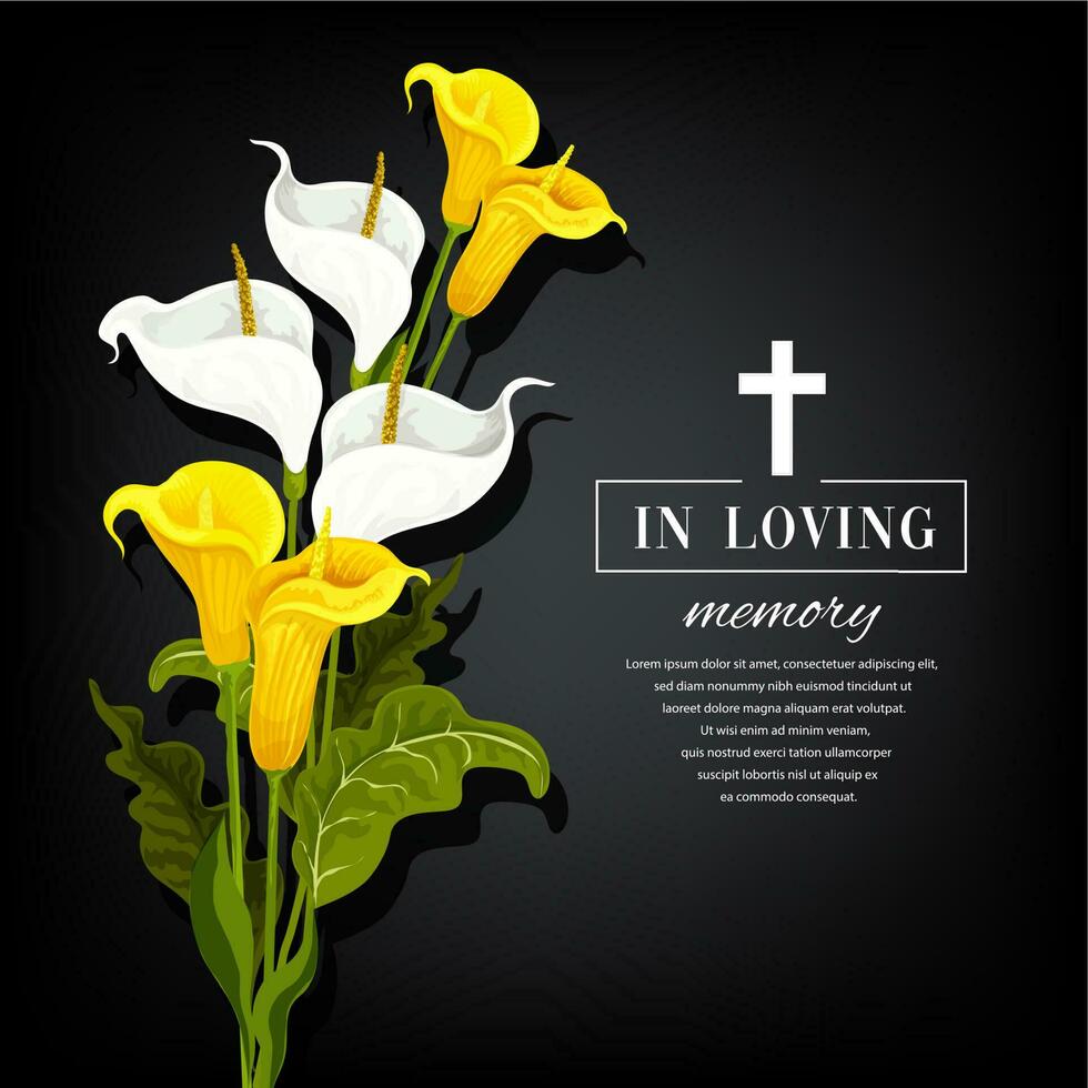 Funeral vector card with calla flowers, sorrowful