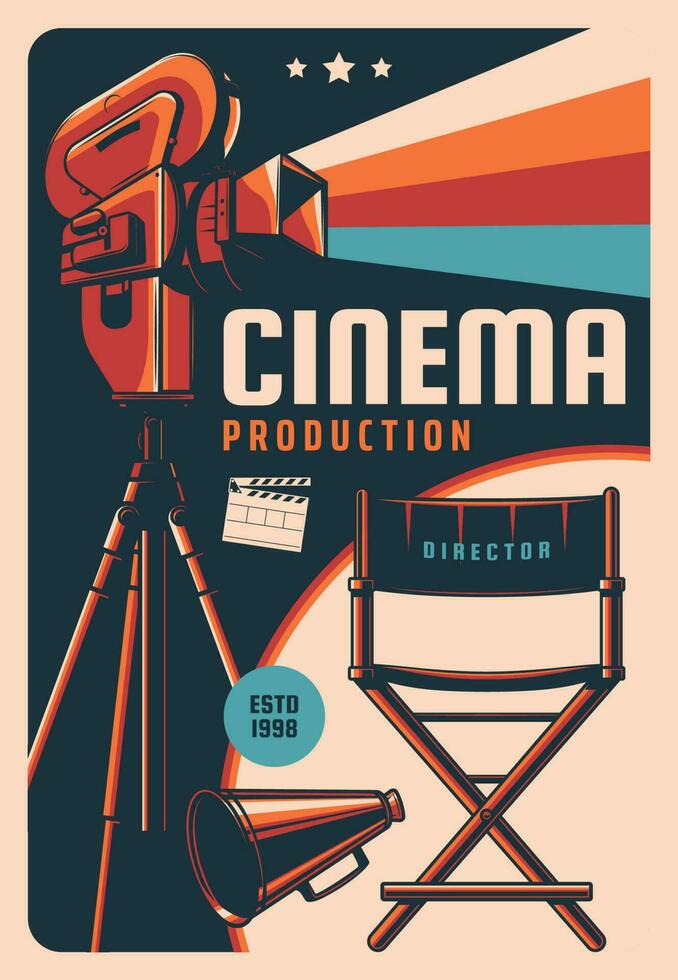 Cinema production vector retro poster with camera