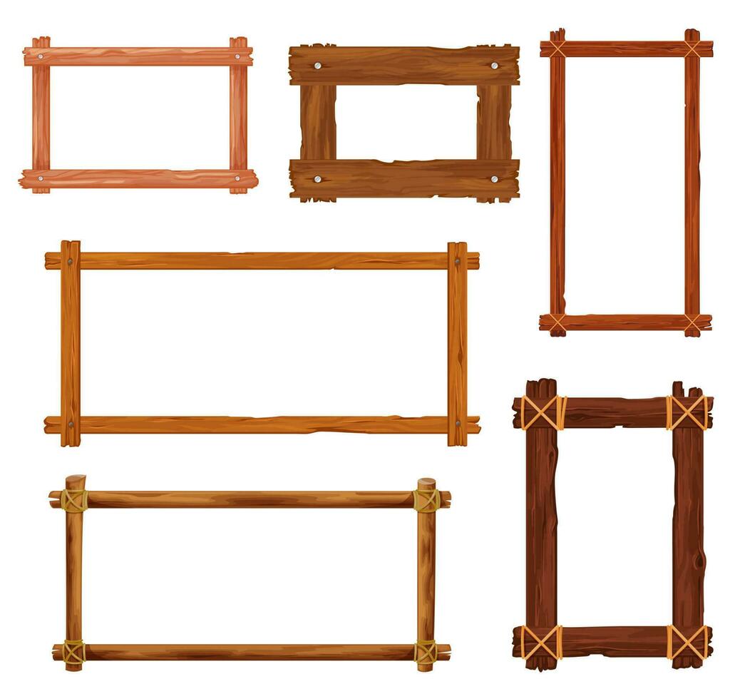 Cartoon wooden frames or borders with brown boards vector