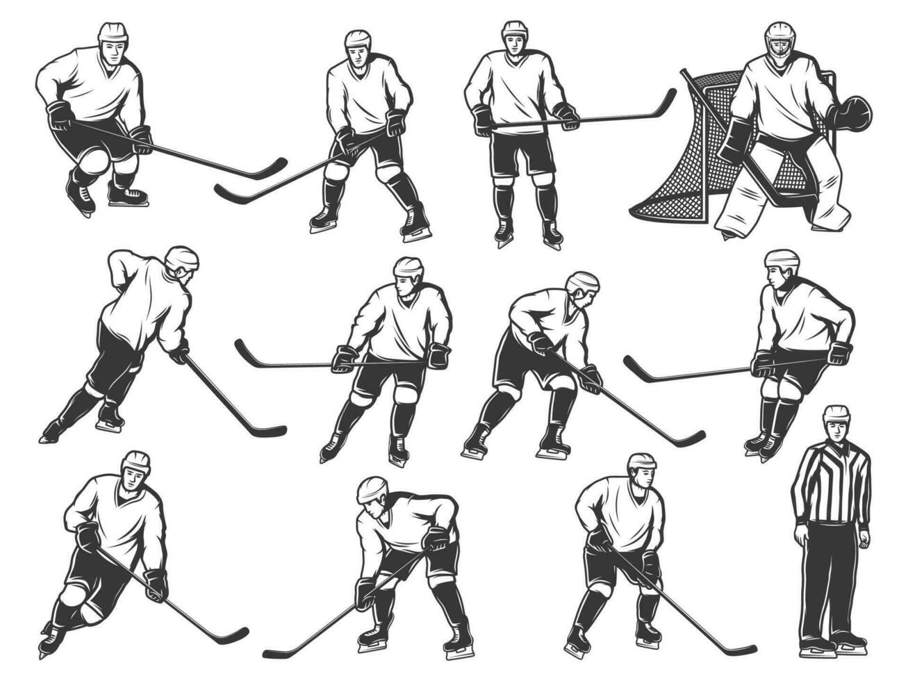 Ice hockey players, sport team and referee on rink vector